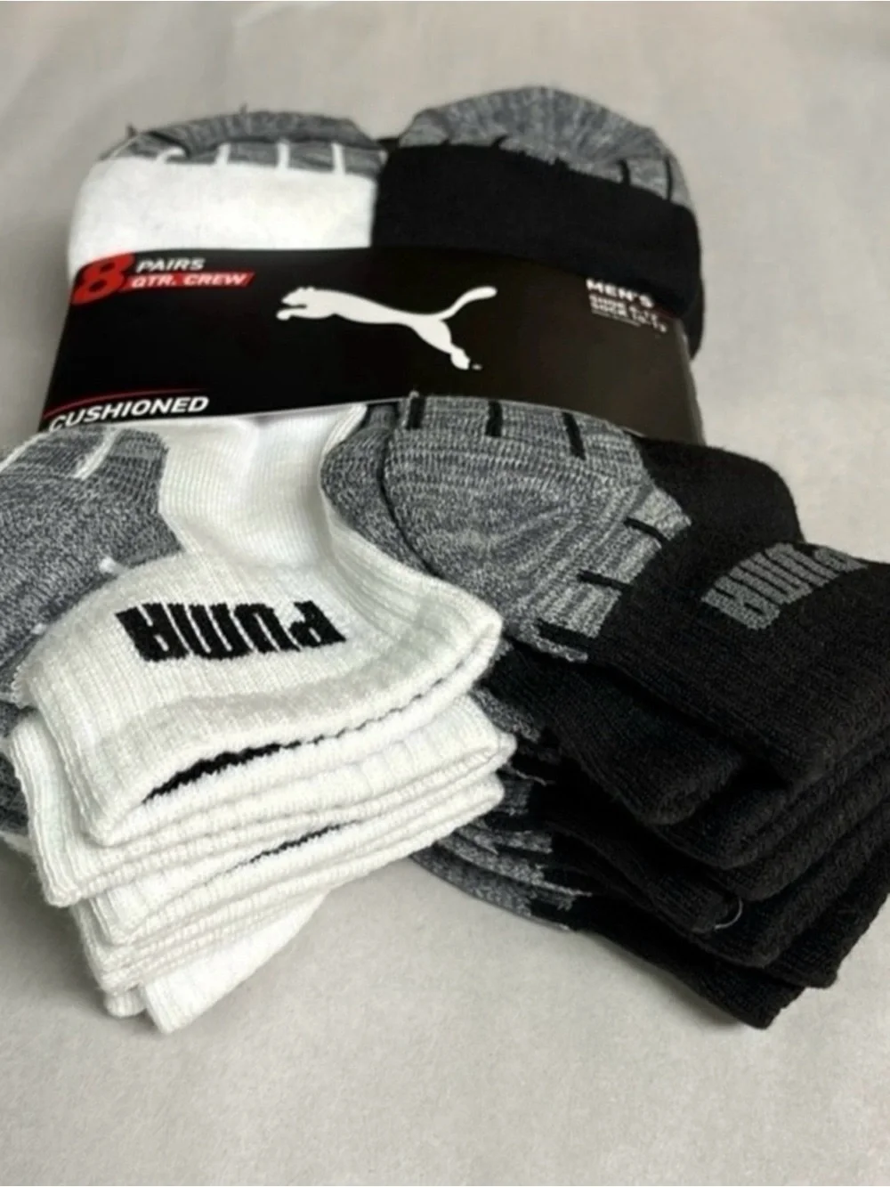 New Puma Socks Men’s Quarter Crew Socks 8 Pair Black & White Athletic Casual